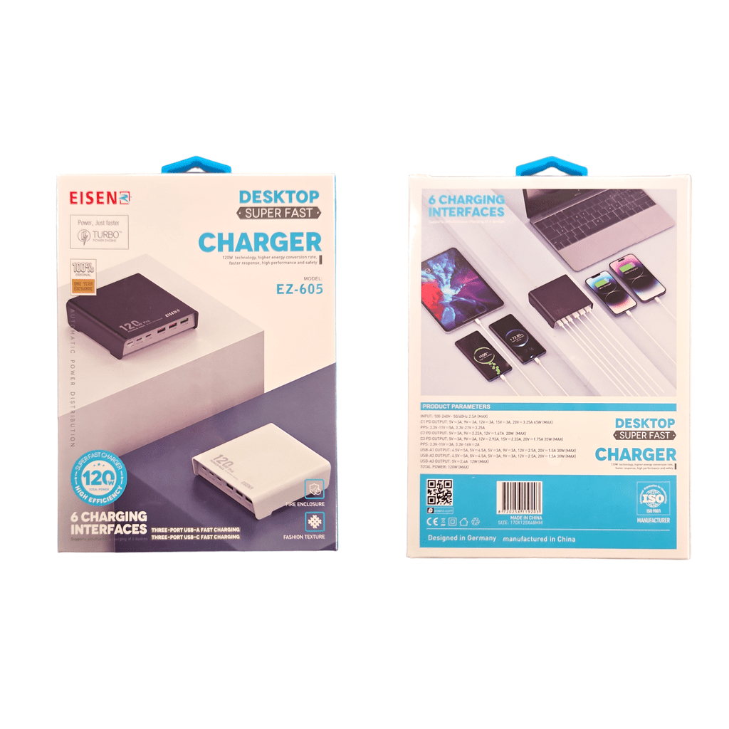 Eisenz 120W Super Fast Desktop Charger Adapter With 3 USB + With 3 USB Type-C PD - EZ-605 Eisenz 120W Super Fast Desktop Charger Adapter With 3 USB + With 3 USB Type-C PD - EZ-605