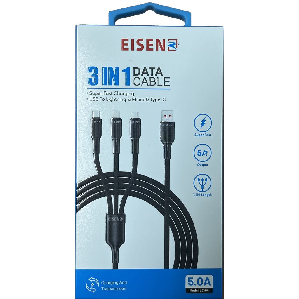 Eisenz 3 in 1 USB to Lightning/Micro/Type-C Data Cable 1.2m Nylon Braided - LC-94 Eisenz 3 in 1 USB to Lightning/Micro/Type-C Data Cable 1.2m Nylon Braided - LC-94