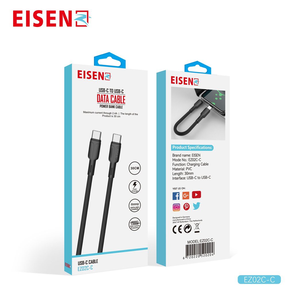 Eisenz 30CM USB Type-C To USB Type-C Cable Black - EZ02C-C Eisenz 30CM USB Type-C To USB Type-C Cable Black - EZ02C-C