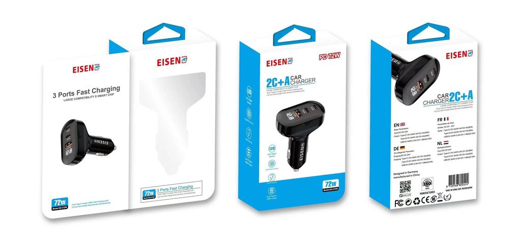 Eisenz Car Charger with With USB 22.W + 2xPD 72W - EZ-C72W Eisenz Car Charger with With USB 22.W + 2xPD 72W - EZ-C72W