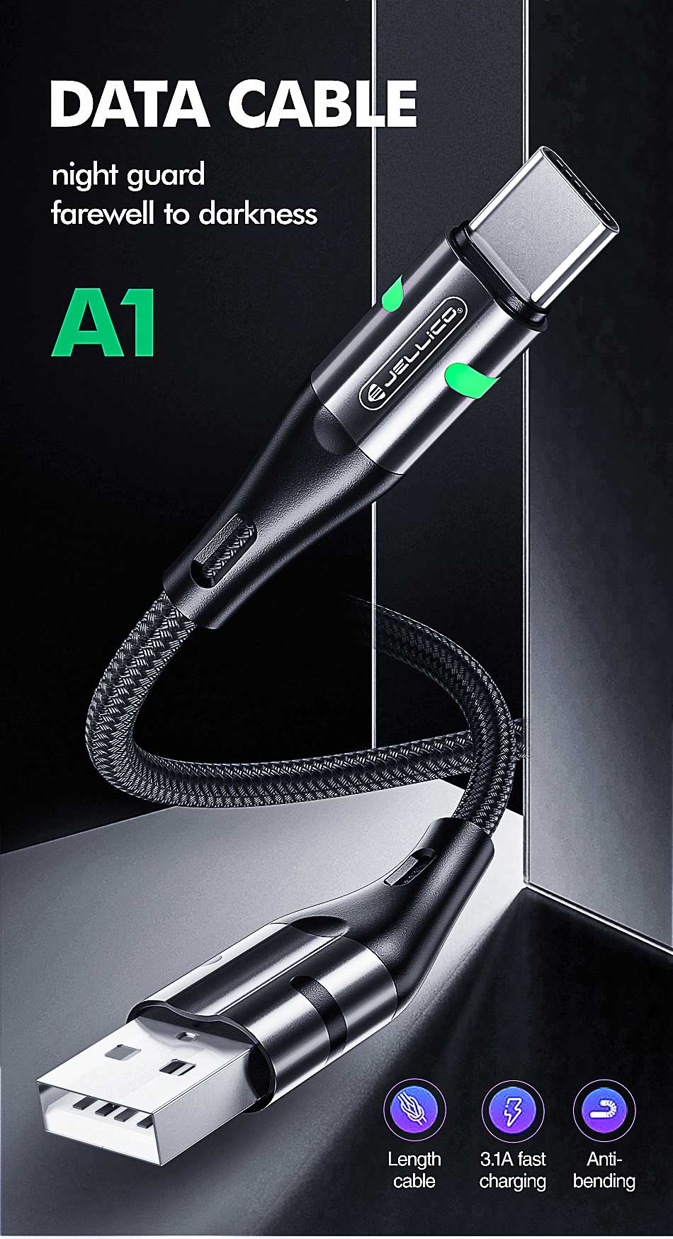 Jellico Usb to Type-C Led Data Cable 3.1A A1 Jellico Usb to Type-C Led Data Cable 3.1A A1
