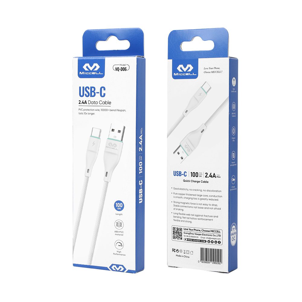 Miccell Type Usb To Type C 2.4A 1M VQ-D06 White Miccell Type Usb To Type C 2.4A 1M VQ-D06 White