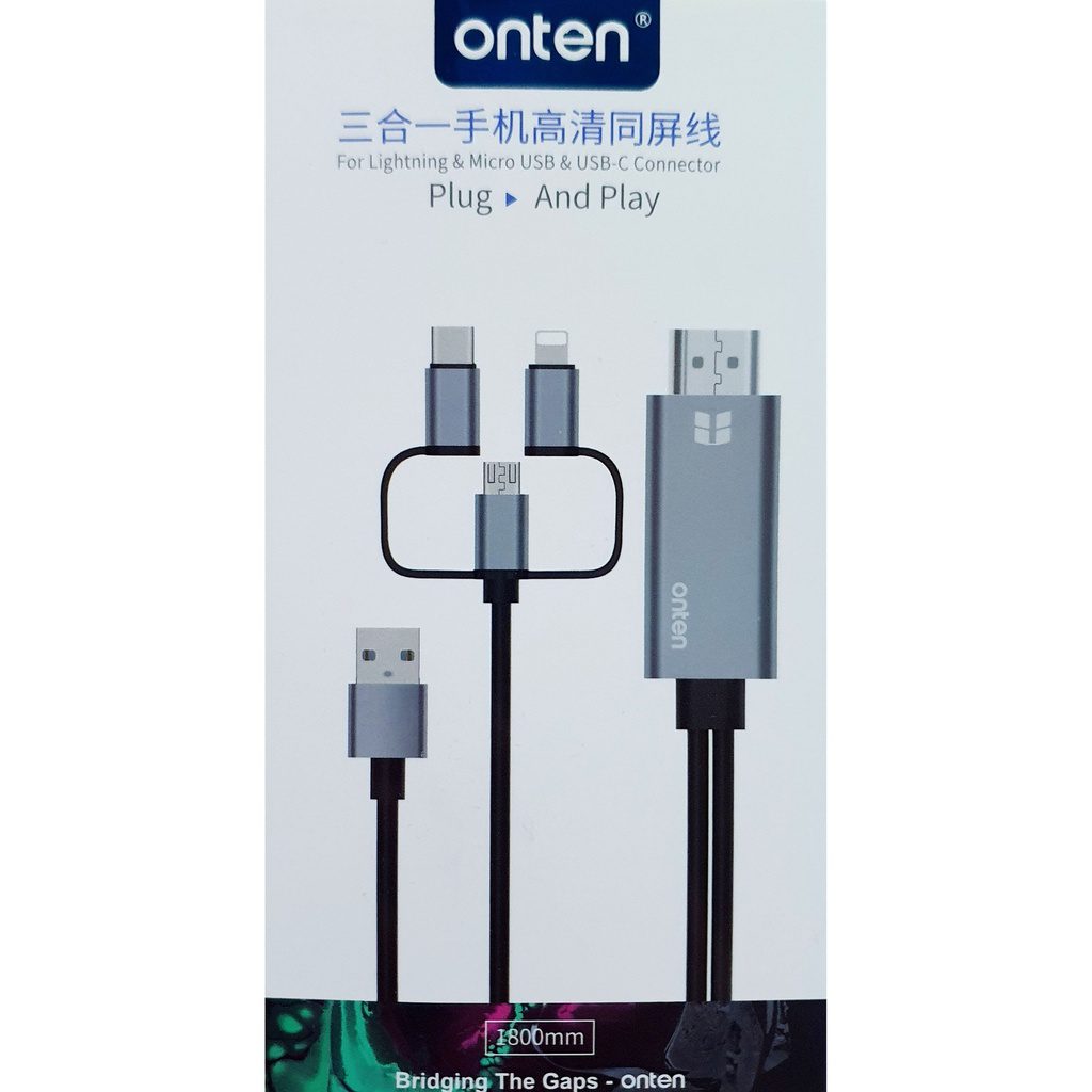 Onten Lightning / USB-C / Micro to HDMI - OTN-7537A Onten Lightning / USB-C / Micro to HDMI - OTN-7537A