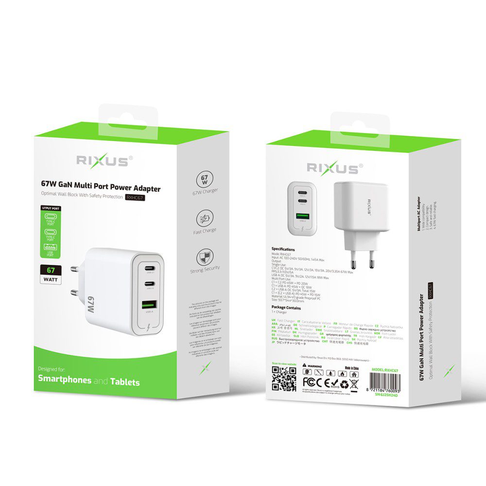 Rixus RXHC67 67W GaN Multi Port Power Adapter White Rixus RXHC67 67W GaN Multi Port Power Adapter White
